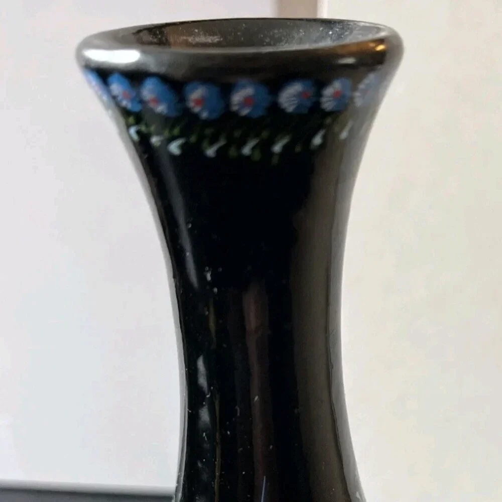 Vintage Japanese Black Lacquer Bud Vases Set of 2 Hand Painted Blue Floral